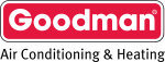 Goodman logo, red and black text reads Goodman Air Conditioning & Heating on a white background.
